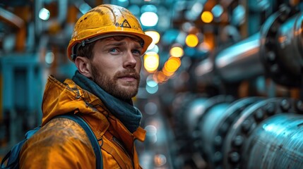 A Power Plant Worker Inspecting Equipment in a High-Risk Area with Visible Warning Signs