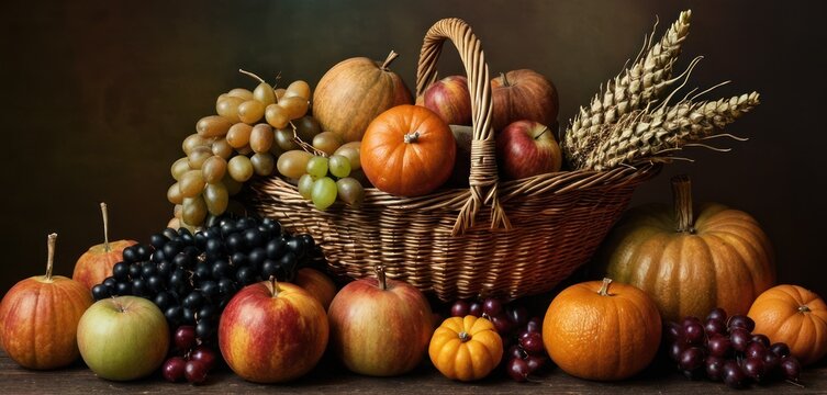  a painting of a basket of fruit with grapes, apples, pumpkins, grapes, grapes, grapes, apples, grapes, grapes, grapes, and strawberries.