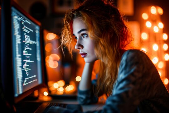 Young female software developer working on computer code at her desk surrounded by glowing lights at night.