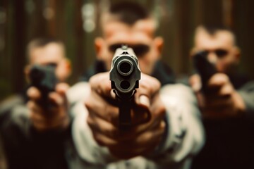 Three men aiming handguns with the front gun in sharp focus, suggesting a tense, security or self-defense related situation.