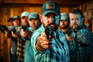 Group of serious men with caps aiming handguns together, showing strength and readiness indoors. - obrazy, fototapety, plakaty