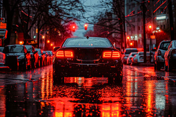 Obraz premium A car on a wet city street at night with red traffic lights and rain creating a shimmering reflection on the road.