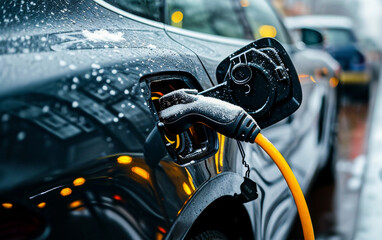 Obraz premium Electric car being charged at a station with a yellow cable on a rainy day, highlighting eco-friendly transportation.