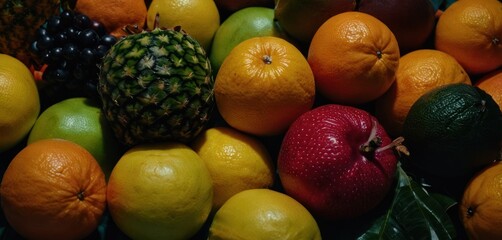  a pile of fruit including oranges, apples, kiwis, grapes, pineapples, and a pineapple on the top of the fruit is a pineapple.