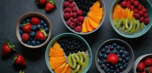  four bowls of fruit are arranged in a variety of shapes and sizes, including kiwis, raspberries, kiwis, bananas, and strawberries.