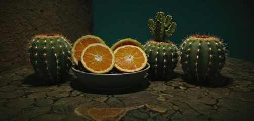 Obraz na płótnie Canvas a group of oranges cut in half sitting in a bowl next to cacti and succulents on a stone surface with a green wall in the background.