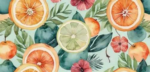 Fotobehang  a watercolor painting of oranges, leaves, and flowers on a light blue background with green leaves and oranges on the top of the whole oranges. © Jevjenijs