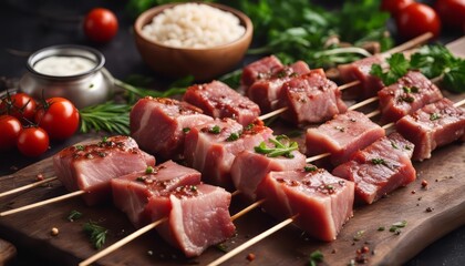 Tasty raw Meat skewers preparation with fresh delicious seasoning on rustic background, top view