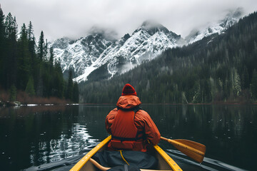 Nature's Harmony: Solo Canoeing Amidst Snowy Mountains and Evergreen Serenity