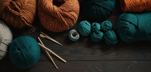  a group of balls of yarn, knitting needles and yarn ball on a wooden surface with a crochet hook and two skeins of yarn in the foreground.