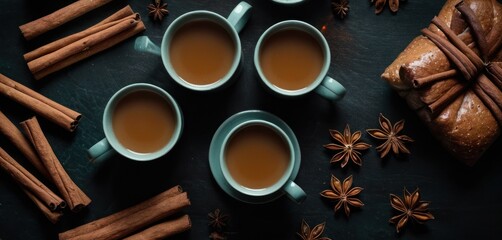  three mugs of tea surrounded by cinnamon sticks, star anise, and a bag of star anise on a black surface with cinnamon sticks and star anise.