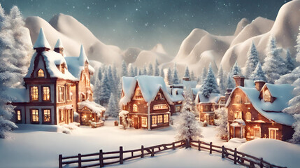 Enchanting Winter Wonderland: Vintage Christmas Village Covered in Snow - 3D Illustration