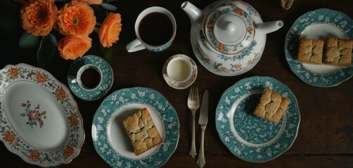  a table topped with plates of cookies and cups of coffee and a vase with orange flowers and a teapot with a cup of tea and saucer on it.