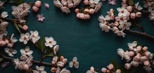  a close up of a bunch of flowers on a branch with leaves and buds on a green background with space for a text or a name on the bottom right side of the photo. - obrazy, fototapety, plakaty