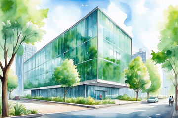 green eco building concept in the city watercolor 