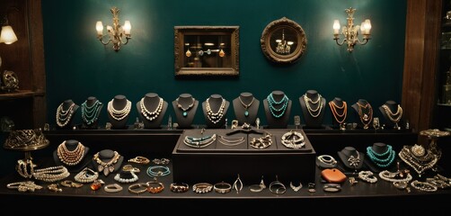  a bunch of necklaces are on display in a room with a green wall and a gold framed picture of a woman's face on the wall behind it. - obrazy, fototapety, plakaty