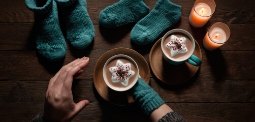  two cups of hot chocolate with sprinkles on them and a person's hands holding a cup of hot chocolate with sprinkles on a plate. - obrazy, fototapety, plakaty