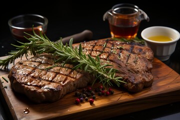 Juicy T-bone steak cooked to perfection on a wooden board.