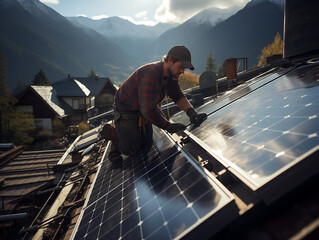 Técnico haciendo una instalación de placas solares en una fábrica