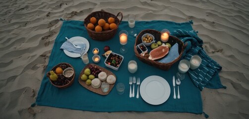  a table set up on the beach with plates, silverware, silverware, and oranges on a blue table cloth with a teal on the sand.