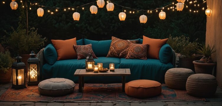  a couch sitting on top of a rug next to a table with candles on top of it next to a table with two stools and a lamp on top.