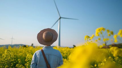 Tranquil Countryside: Elderly Person in Straw Hat Admiring Wind Turbine