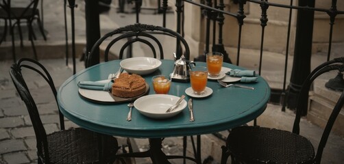 Fototapeta na wymiar a table with plates of food and glasses of orange juice in front of a fenced in area with wrought iron railings and wrought iron railings on either side.