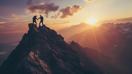 Peak Sunrise: Climbers Reaching for Each Other - obrazy, fototapety, plakaty