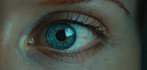  a close - up of a person's eye with a blue iris in the center of the iris, with a green spot in the center of the iris of the eye.