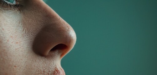  a close up of a woman's nose with frecks of frecks on her nose and a nose ring in the middle of her left side of her nose. - obrazy, fototapety, plakaty