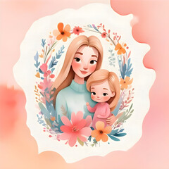 A minimalist illustration for mothers day celebration in floral watercolor background