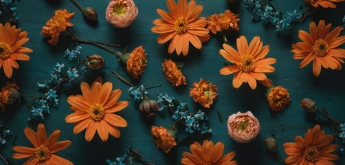Fototapeta na wymiar a group of orange flowers sitting on top of a green table next to blue and pink flowers on top of eachother of blue and orange flowers on the bottom of the table.