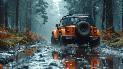 Off road car in a forest on a rainy day, generative ai