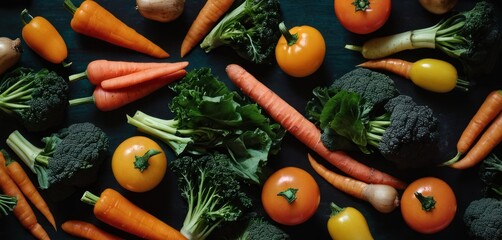 a table topped with lots of veggies next to carrots and broccoli on top of a blue tablecloth covered in fruit and veggies. - obrazy, fototapety, plakaty