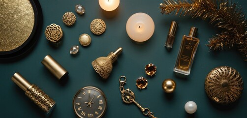  a table topped with lots of different types of christmas decorations and candles on top of a blue table top next to a clock and a candle holder with a candle.