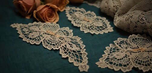  a table topped with lace and flowers on top of a blue table cloth covered in white crocheted doily on top of a teal cloth covered table. - obrazy, fototapety, plakaty