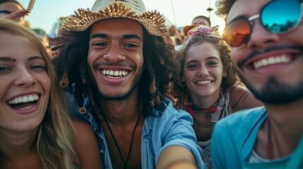 Friends enjoying at music festival a sunny beach day together