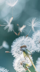 Obraz premium Dandelion seed head dispersing seeds into the wind natural background