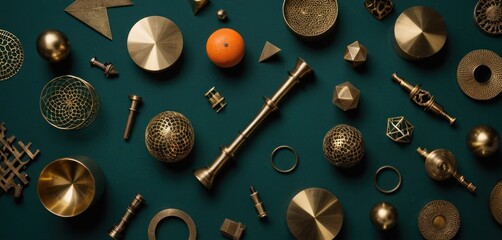  a collection of various metal objects on a green surface with an orange in the middle of the image and an orange in the middle of the image on the top of the picture.