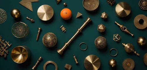 Fotobehang  a collection of various metal objects on a green surface with an orange in the middle of the image and an orange in the middle of the image on the top of the picture. © Jevjenijs