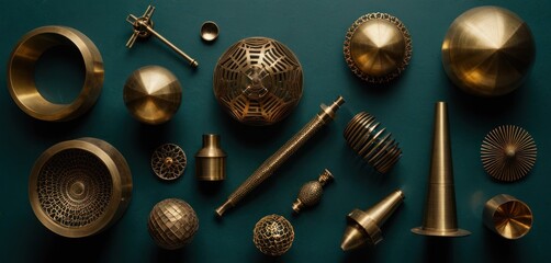  a collection of various metal objects on a green surface with a cross on the top of one of them and a cross on the other end of the end of the object.
