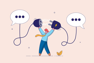 Communicate to solve problem concept. Connect idea for solution. Discussion or meeting to get new idea, collaboration or cooperate to success, businessman connect plug between conversation dialog.