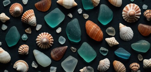  a collection of sea glass and seashells on a black background, top view, with a shallow focus on one of the shells and one of the seashells. - obrazy, fototapety, plakaty
