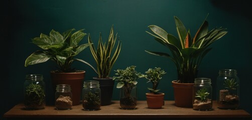  a row of potted plants sitting on top of a wooden table next to each other on top of a wooden table with a green wall in the back ground.