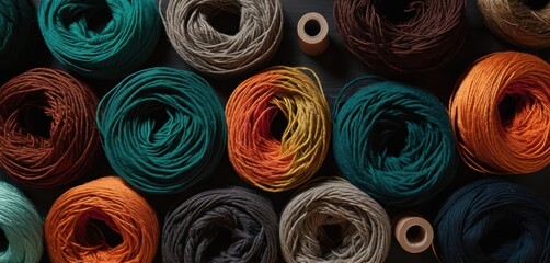  several skeins of multicolored yarn are arranged in a row on a black surface with one skein in the middle of the skeins and the skeins in the middle of the skeins of the skeins of the skeins.
