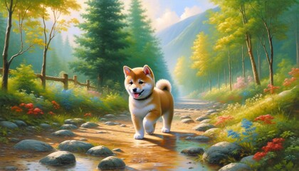 A cute Shiba Inu puppy strolling along a path, immersed in the tranquility of nature. The artwork should capture the theme 'Walking Path with a Shiba' inu. - obrazy, fototapety, plakaty