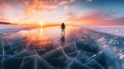 Golden Sunrise: Ice Skating on a Frozen Lake - obrazy, fototapety, plakaty