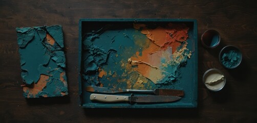  a wooden table topped with a green tray filled with paint and a pair of scissors next to a bowl of paint and a pair of spoons on top of wood.