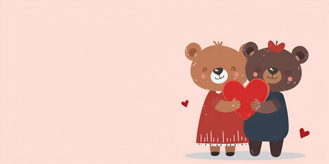 Flat illustration, Valentine's Day, two cute cartoon bears, boy and girl holding red heart, pale pink background, copy space on right