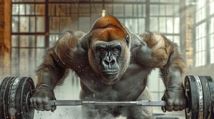 big strong gorilla holding on to a barbell with a lot of weight, looking confidently at the camera, banner